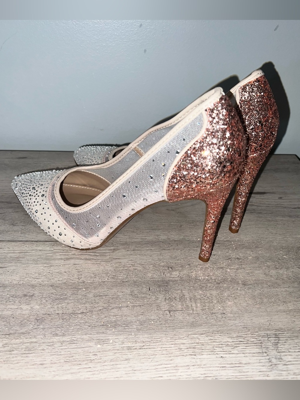 BCBGeneration Rose Gold Toe Mesh Fabric and Rhinestone Pump 3.75” heel